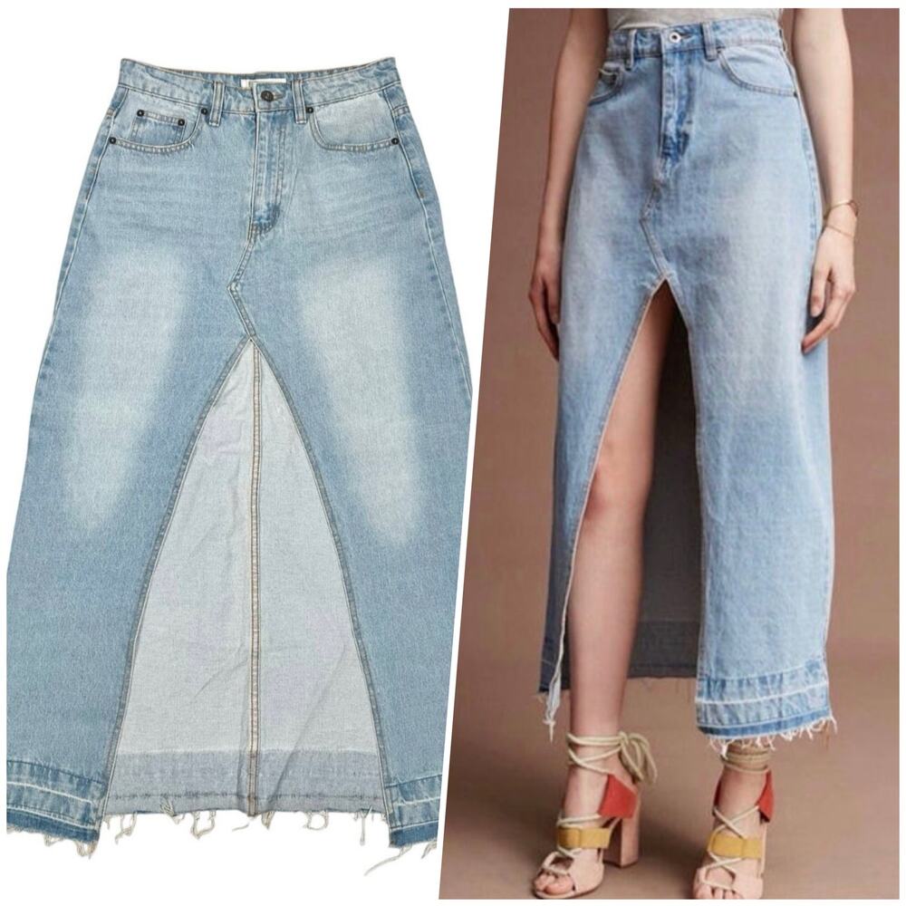 Lost In Lunar | Women | Light Wash Wide Slit Distressed Denim Maxi Skirt | Small